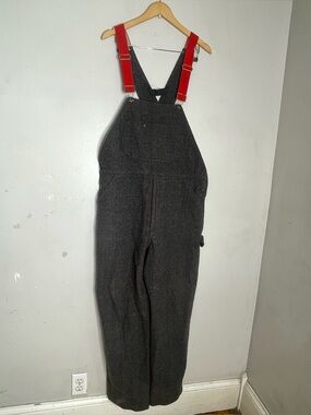 Woolrich Sz Medium Vintage 1994 Malone Grey Wool Bib Overalls with Red Straps